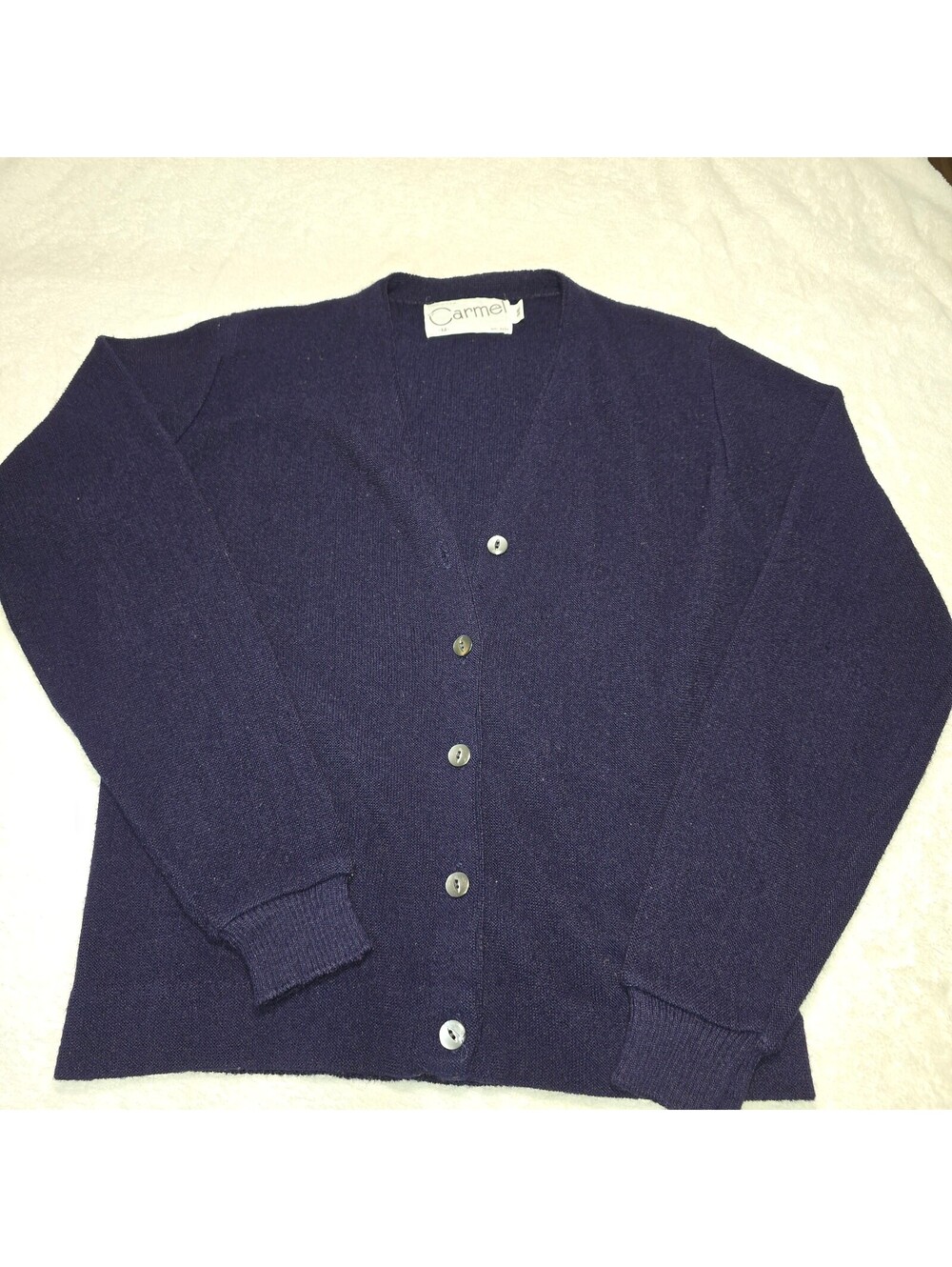 Vintage 80s Carmel Cardigan Sweater Medium 38 Navy Blue Made In USA Orlon Knit